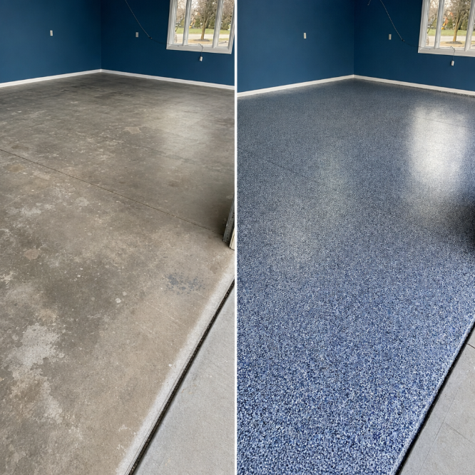 ArmorCore™ concrete floor coating before and after — Outback Concrete Coatings Fort Wayne Indiana
